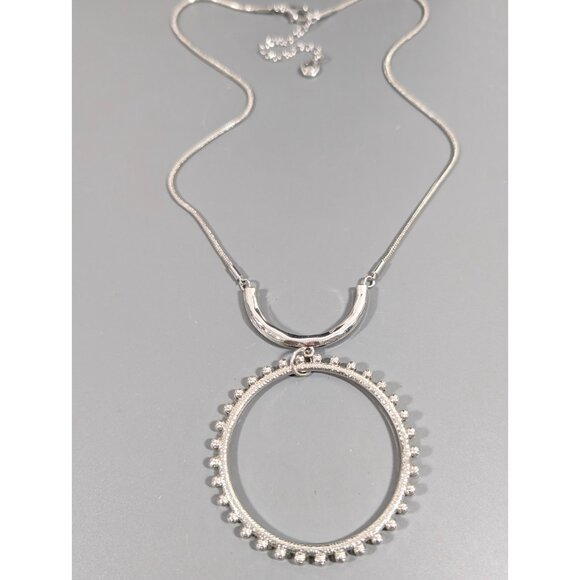 Cato Necklace Silver Tone Open Circle Pendant Modern Statement Jewelry 23" - Picture 3 of 8